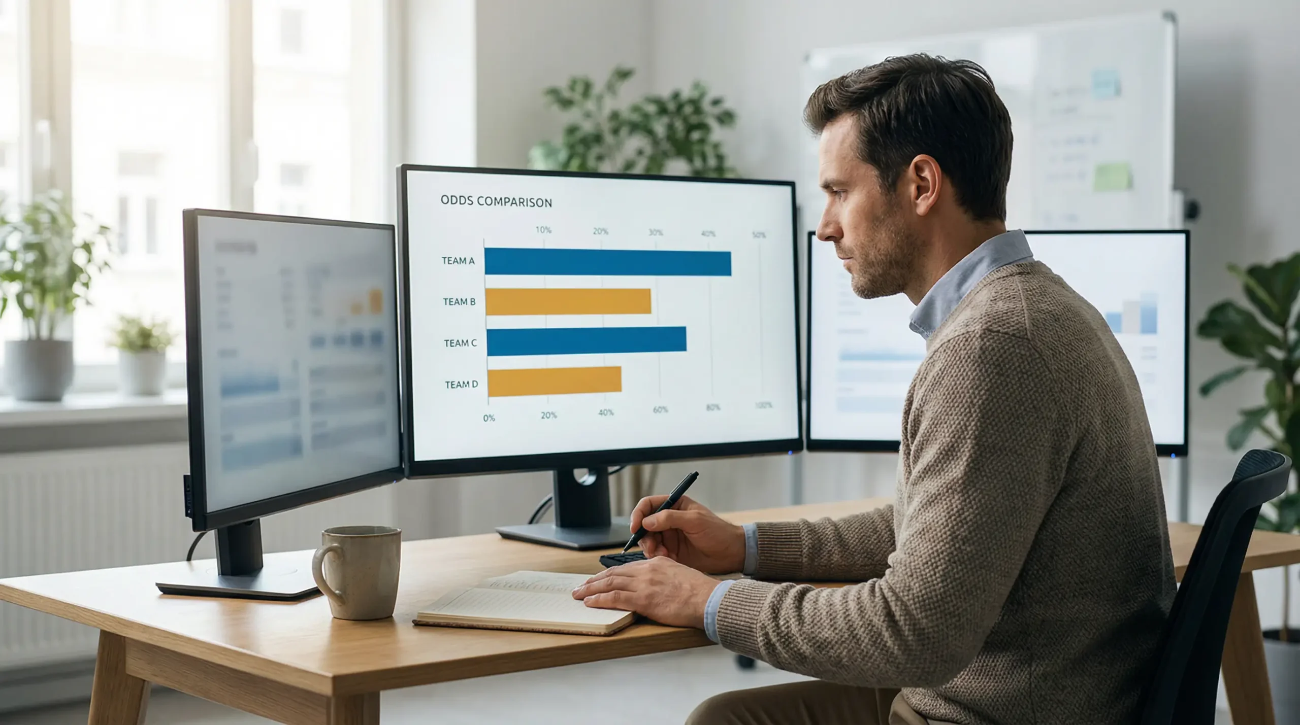 Analista profesional trabajando con monitores mostrando gráficos de comparación de cuotas mientras toma notas