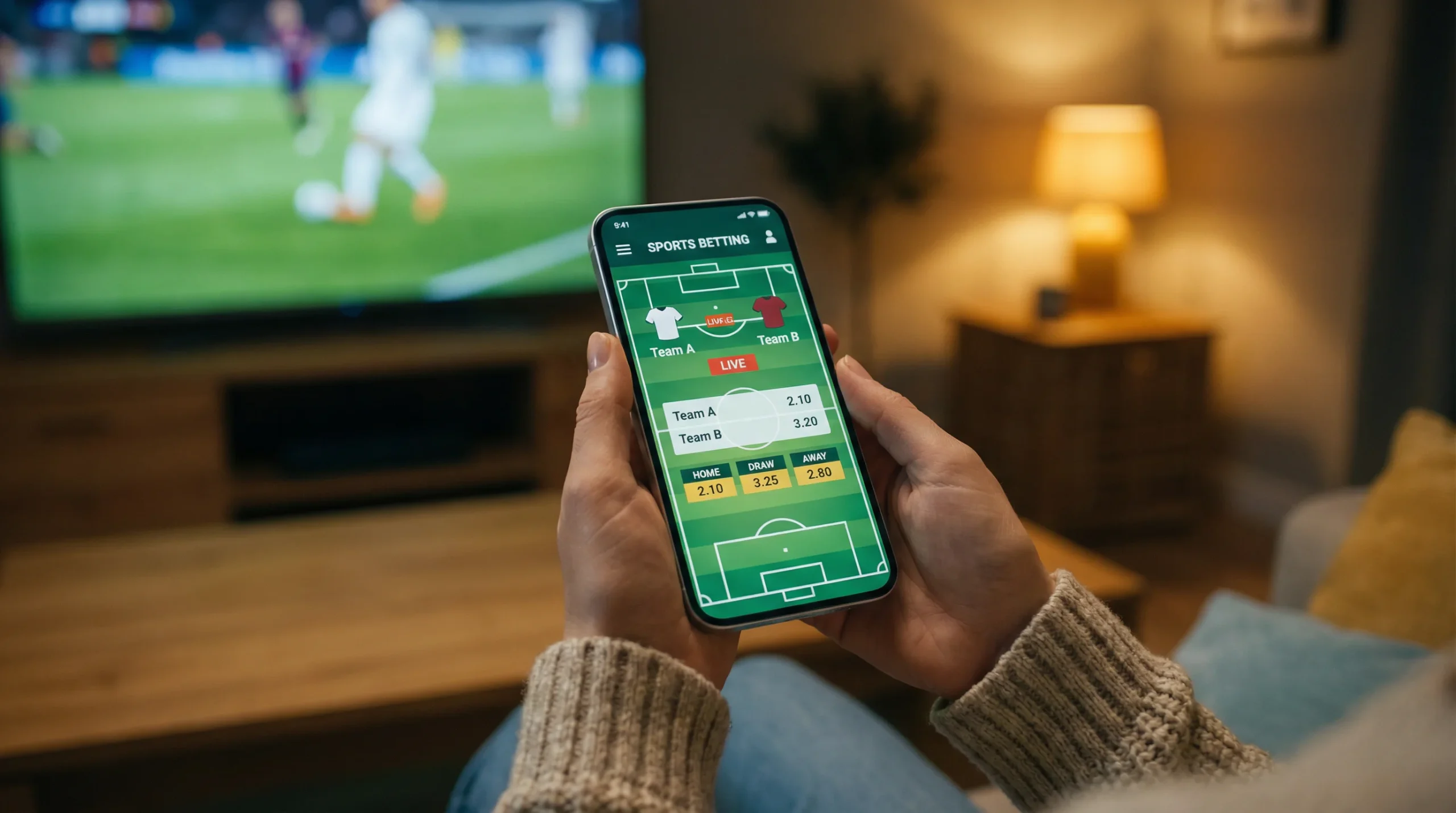 Manos sosteniendo un smartphone con aplicación de apuestas deportivas y televisor con partido de fútbol de fondo