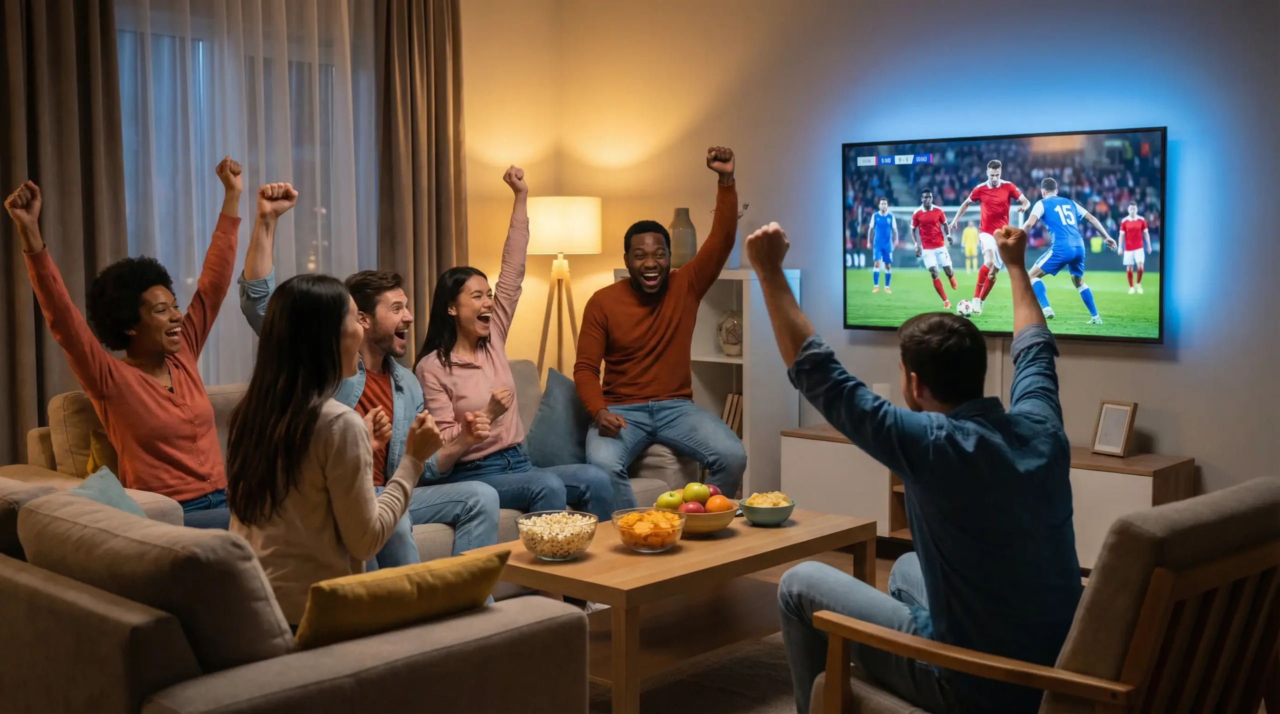 Grupo de amigos celebrando juntos mientras ven un emocionante partido de fútbol en la televisión