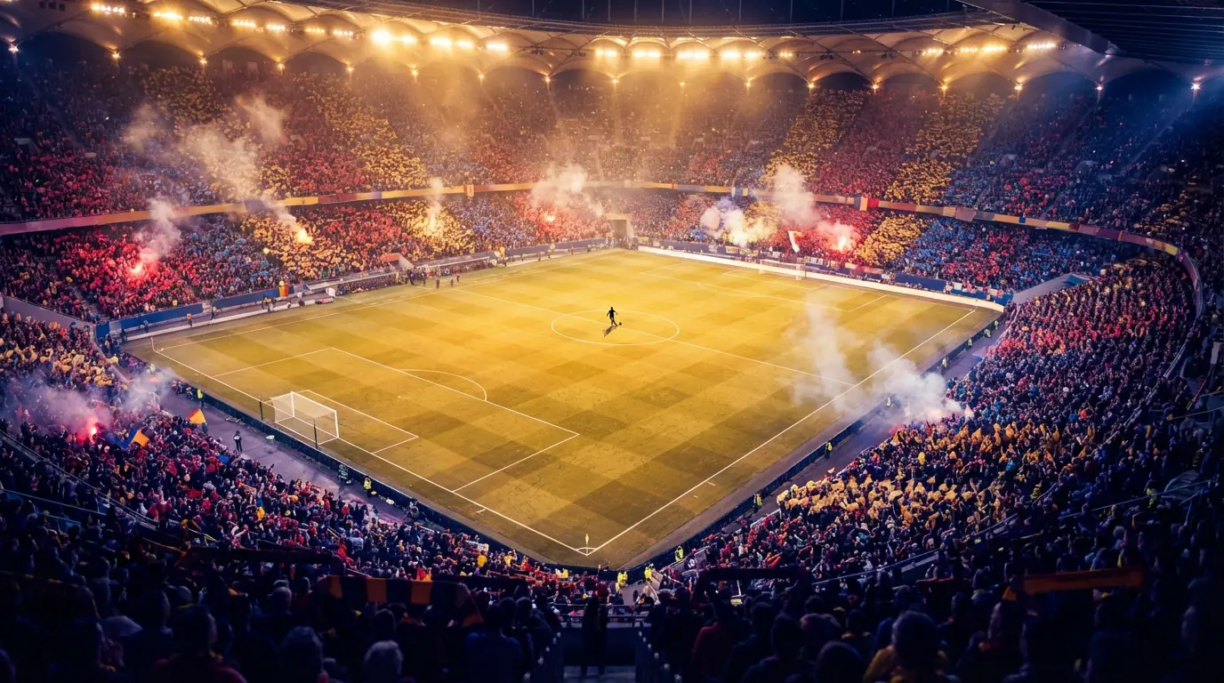 Estadio de fútbol iluminado durante una final de copa con aficionados en las gradas y un jugador en el centro del campo