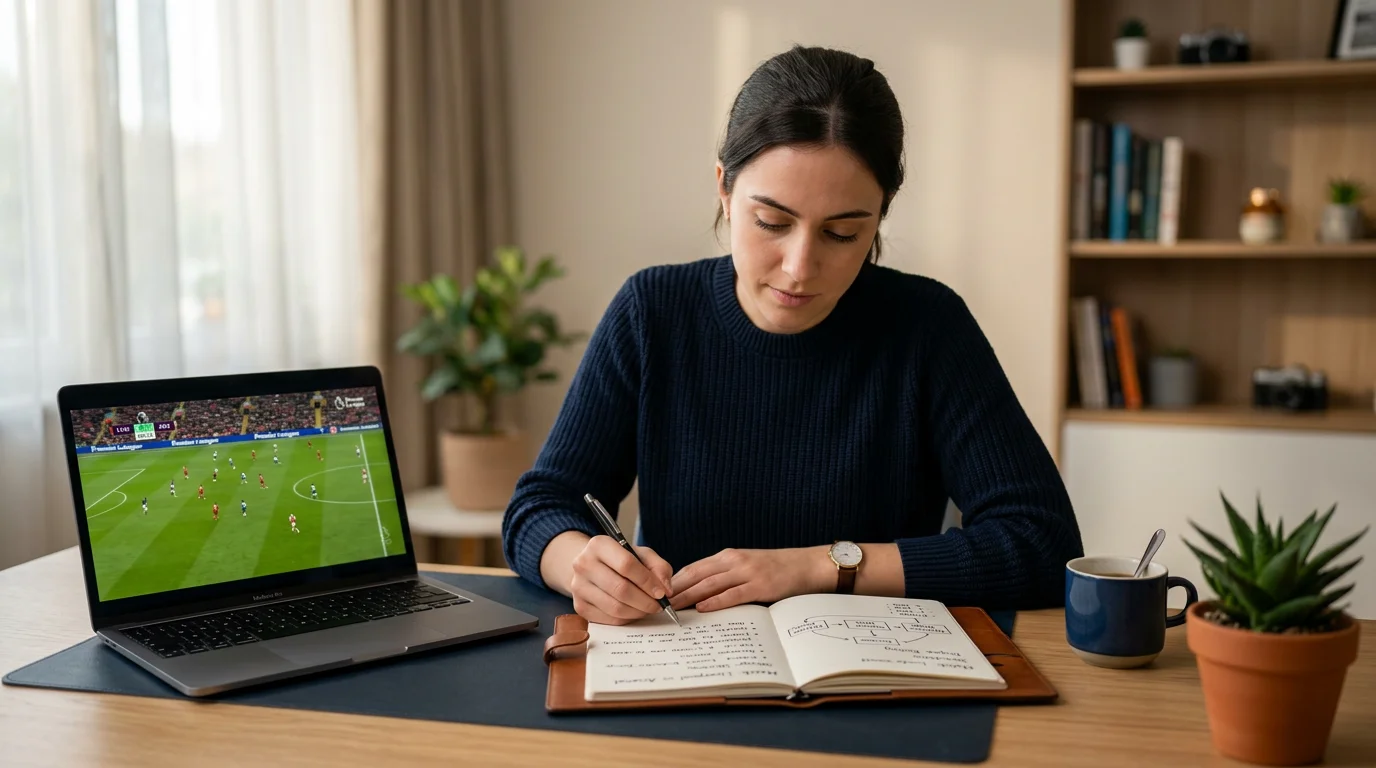 Persona planificando estrategia de apuestas con libreta y portátil mostrando un partido de fútbol