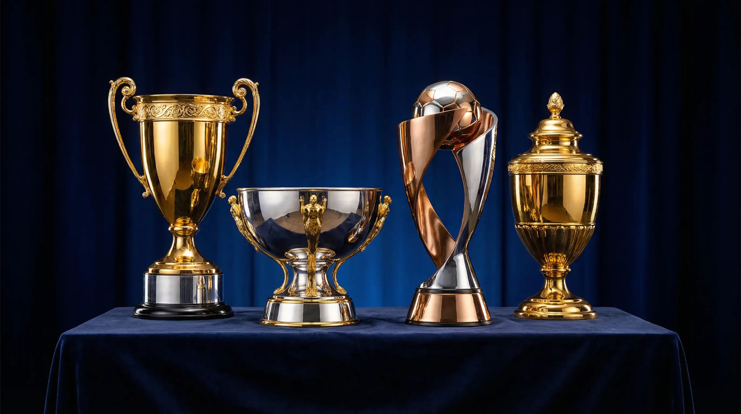 Cuatro trofeos dorados y plateados de diferentes torneos de copa sobre superficie de terciopelo oscuro