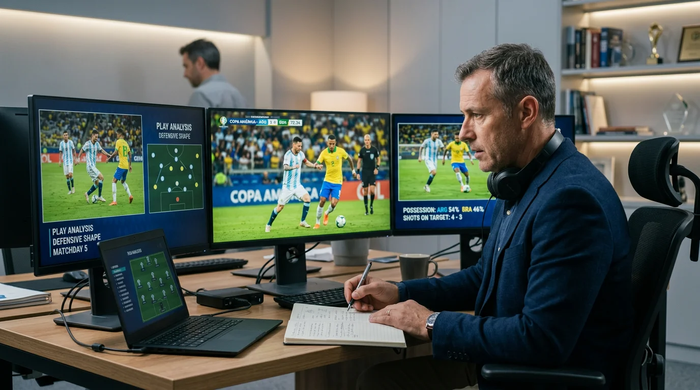 Analista deportivo profesional estudiando partidos de futbol en monitores para evaluar mercados de apuestas de la Copa America