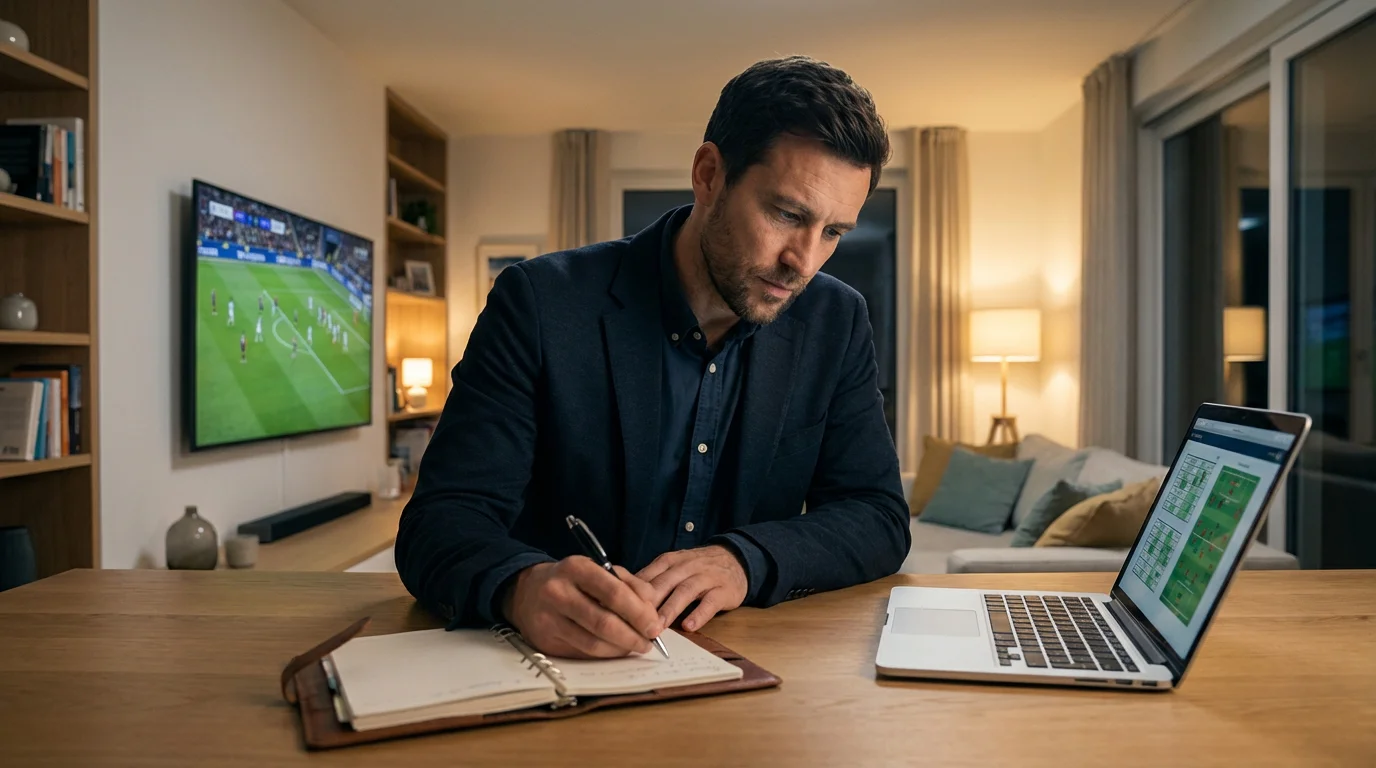 Profesional analizando estrategias de apuestas tomando notas en cuaderno mientras ve un partido de futbol en television