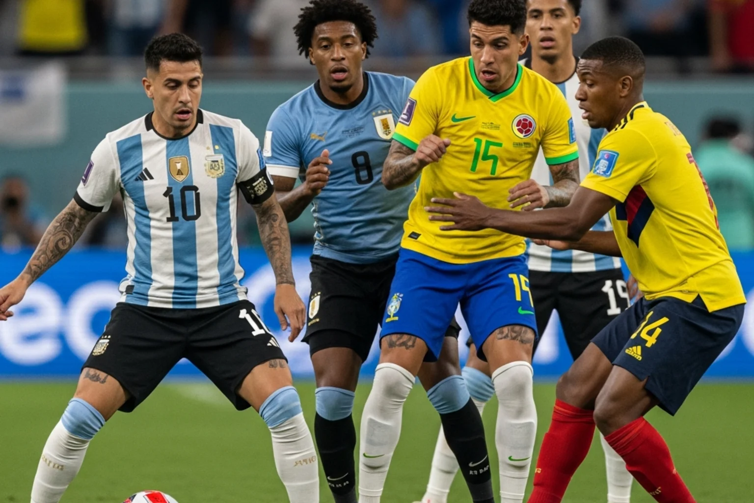 Jugadores de selecciones sudamericanas como Argentina, Brasil, Uruguay y Colombia compitiendo en un partido intenso de Copa America