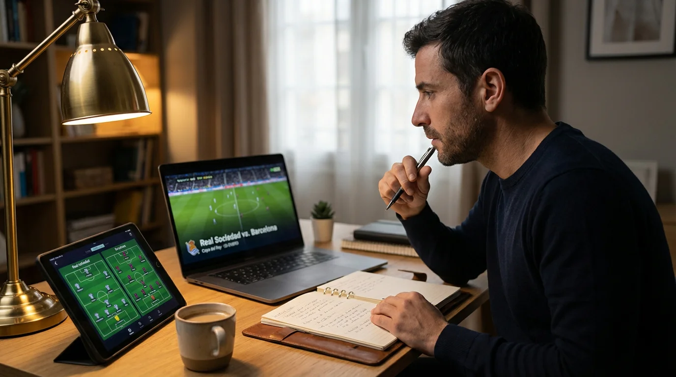 Analista profesional estudiando partidos de futbol español en su ordenador mientras toma notas estrategicas para apuestas de Copa del Rey