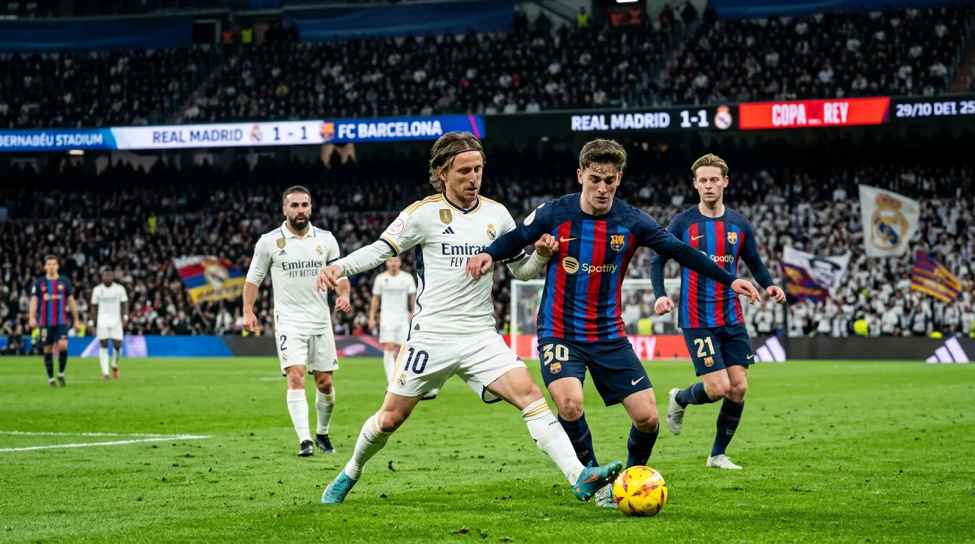 Jugadores de elite de los principales clubes de La Liga compitiendo intensamente durante un partido de Copa del Rey