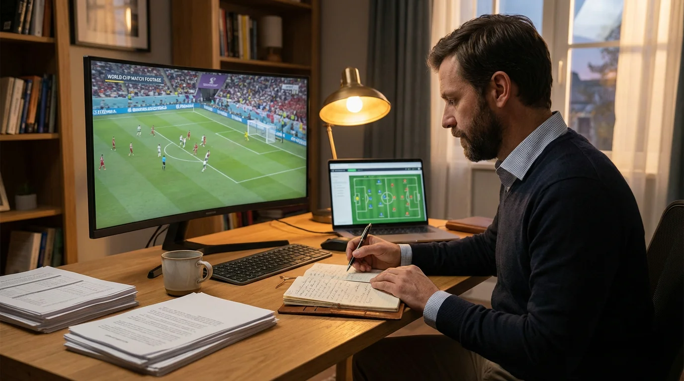 Analista profesional estudiando partidos del Mundial en su oficina mientras toma notas estrategicas para evaluar mercados de apuestas