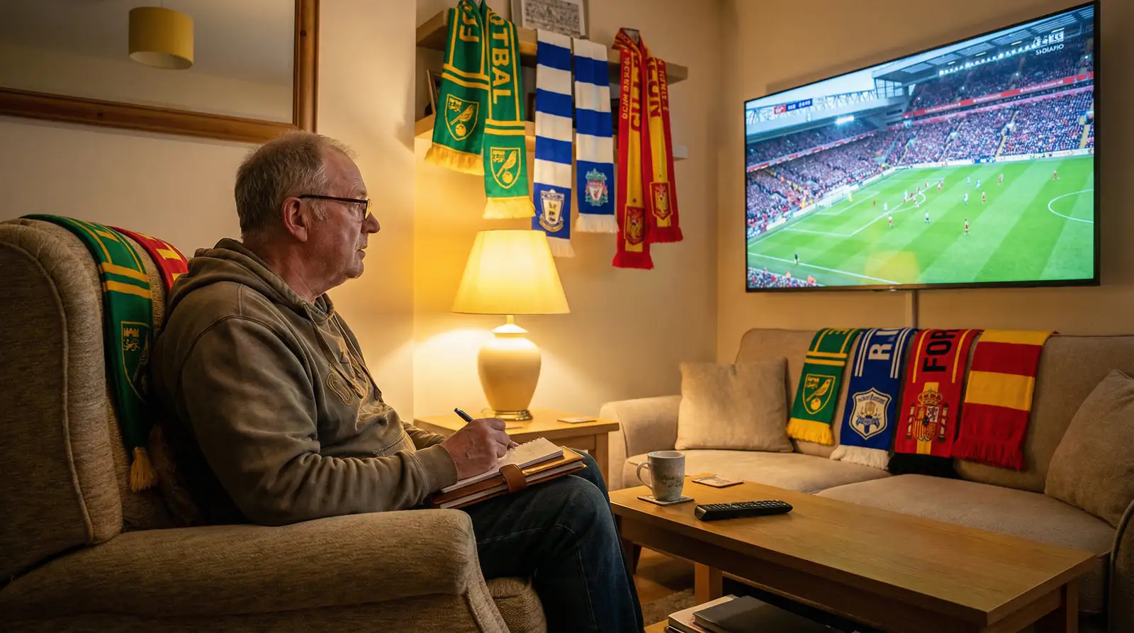 Aficionado al futbol analizando estrategias para el Mundial mientras ve un partido y toma notas detalladas en su cuaderno
