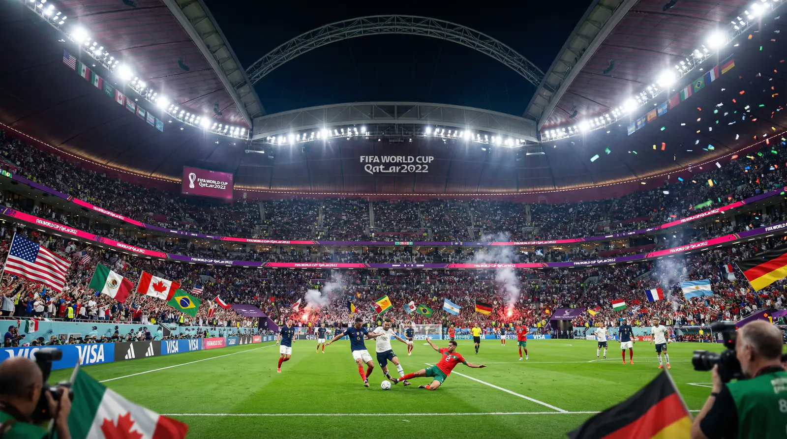 Estadio del Mundial 2026 repleto de aficionados internacionales durante un partido nocturno con ambiente electrizante y banderas de multiples paises