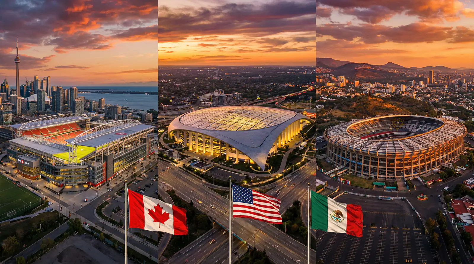 Estadios iconicos de Estados Unidos, Mexico y Canada que seran sedes del Mundial 2026 con banderas de los tres paises anfitriones