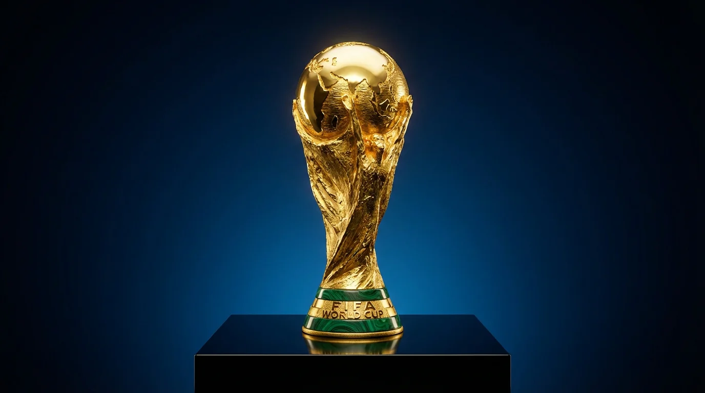 Trofeo de la Copa del Mundo FIFA iluminado con focos dorados simbolizando el maximo premio del futbol mundial