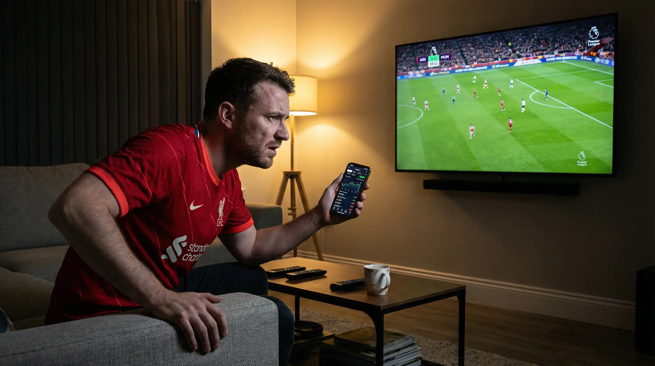 Aficionado concentrado viendo un partido de copa en vivo en television mientras consulta estadisticas en su telefono movil
