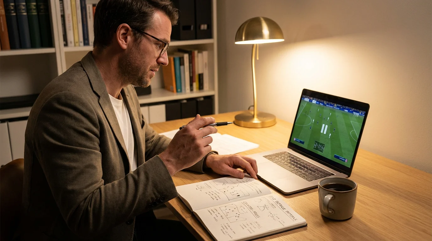 Analista deportivo reflexionando sobre estrategias de mercados de apuestas con notas y partido de futbol en pantalla