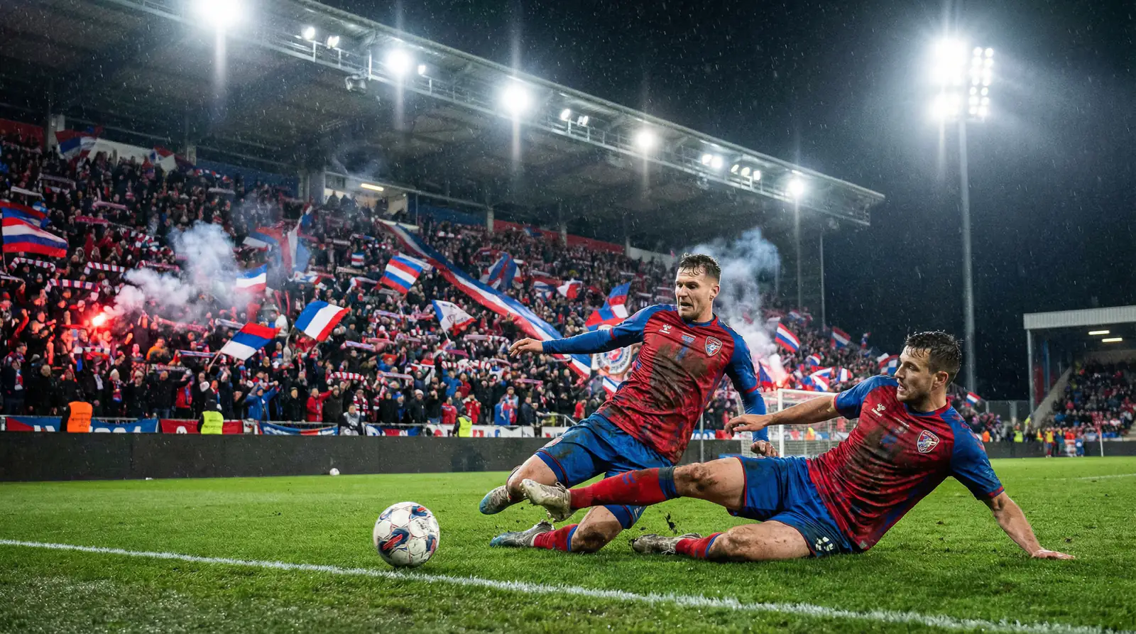 Emocionante momento de un partido de copa con jugadores compitiendo intensamente ante un estadio lleno de aficionados apasionados