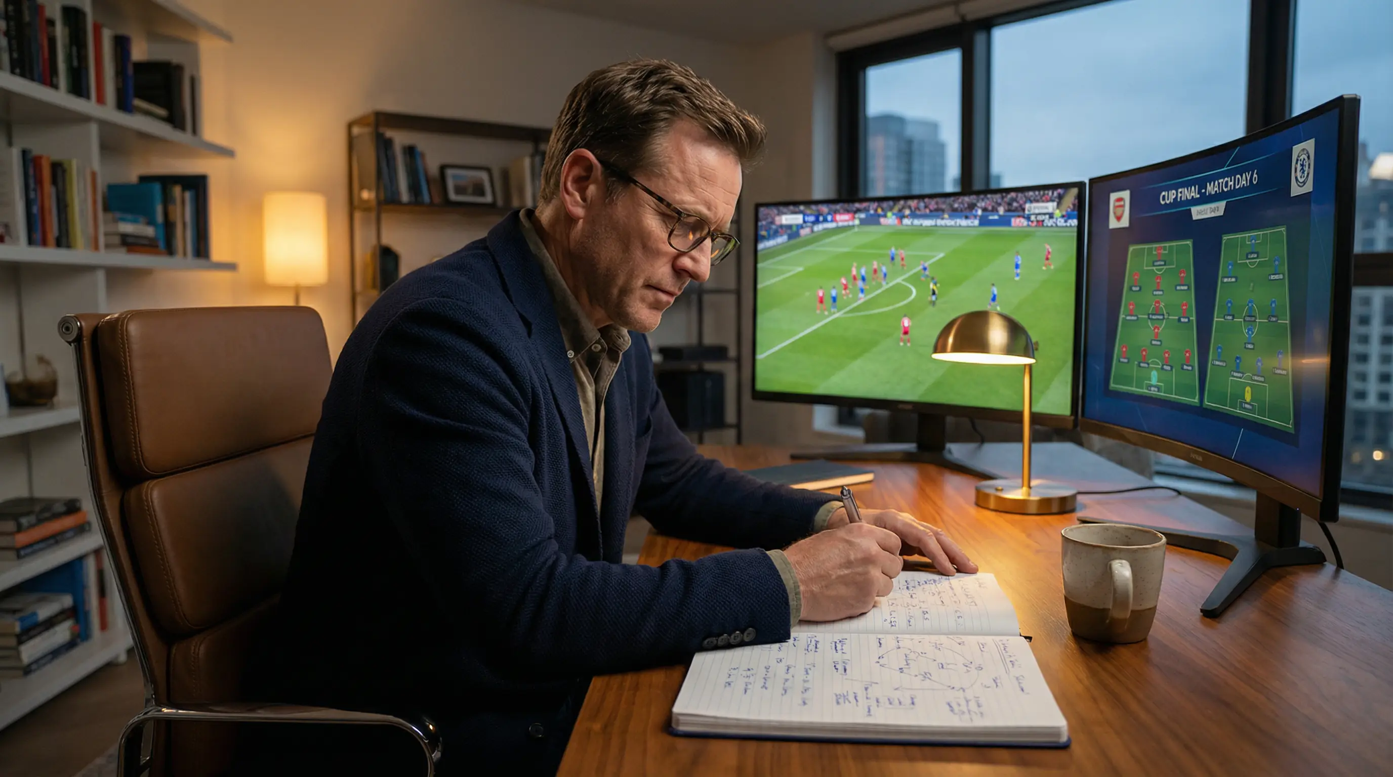 Analista deportivo estudiando profundamente un partido de copa en multiples pantallas mientras toma notas detalladas en su cuaderno