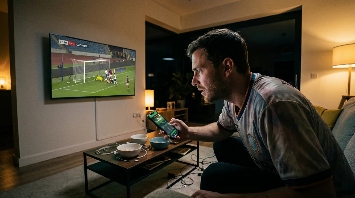 Aficionado concentrado viendo un partido de copa en vivo en television mientras sostiene su telefono movil para seguir la accion en tiempo real