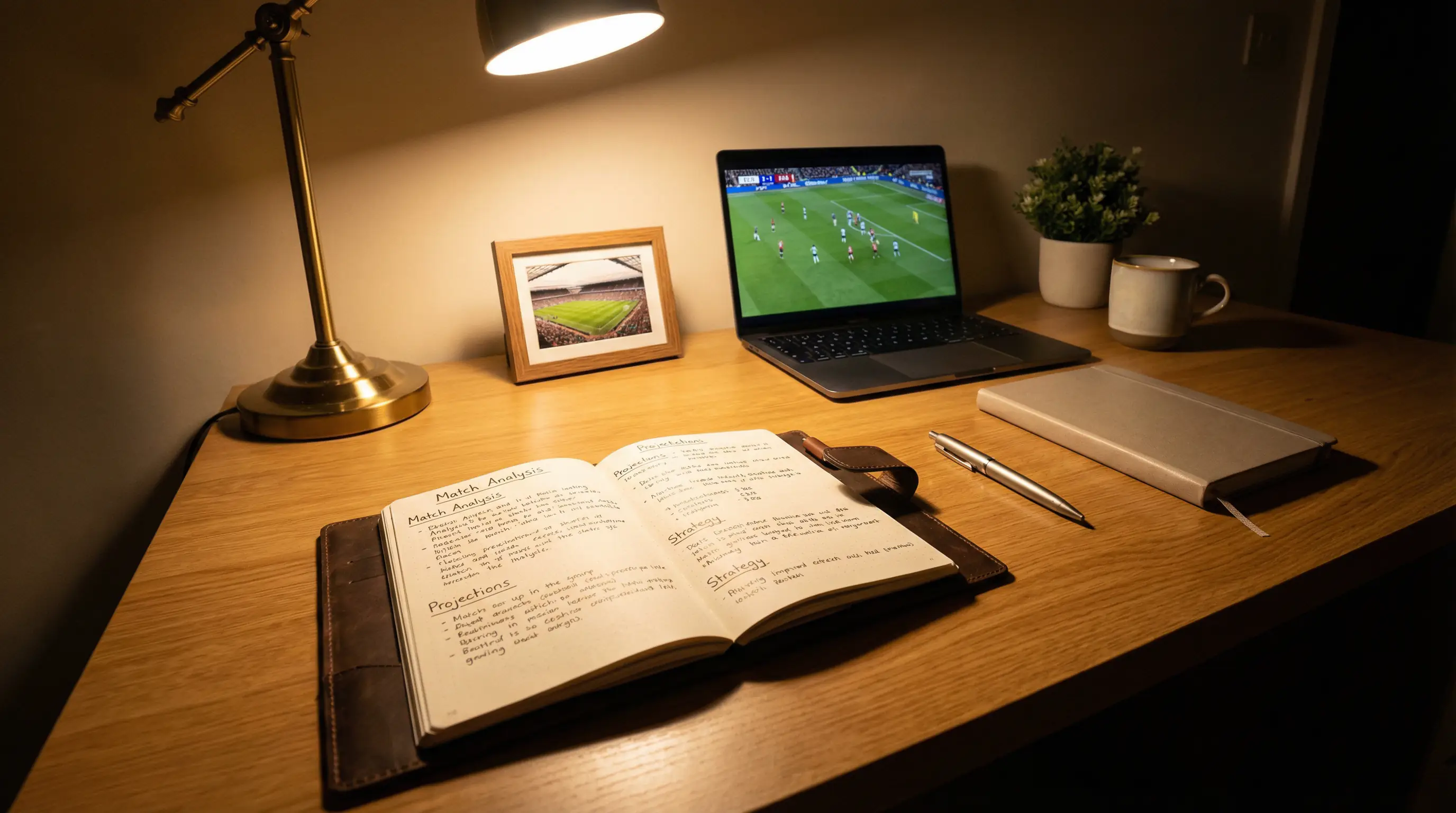 Espacio de trabajo organizado mostrando planificacion disciplinada con cuaderno de notas, ordenador portatil y ambiente profesional para analisis deportivo