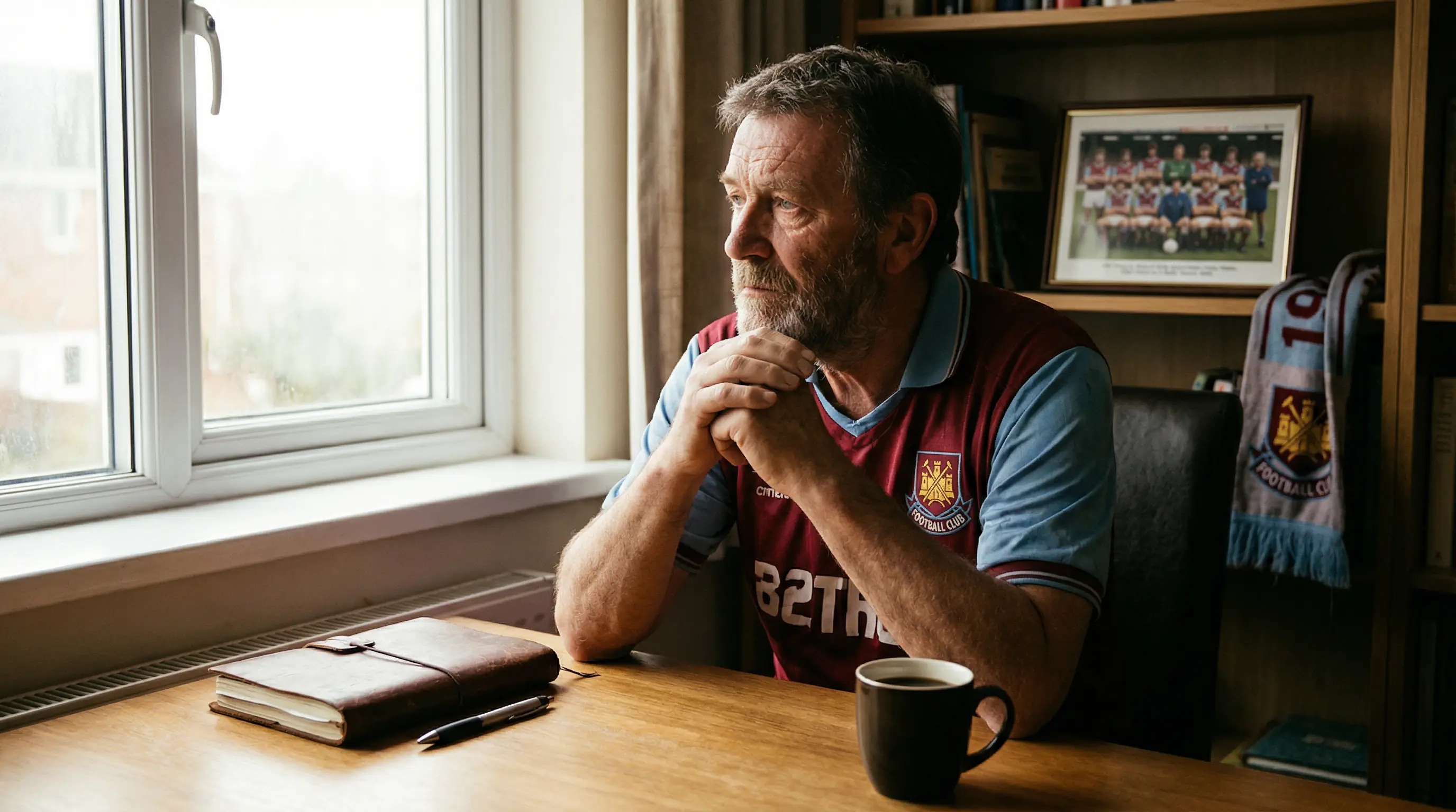 Aficionado al futbol reflexionando con sabiduria junto a una ventana con luz natural, cuaderno cerrado y ambiente contemplativo representando la experiencia acumulada