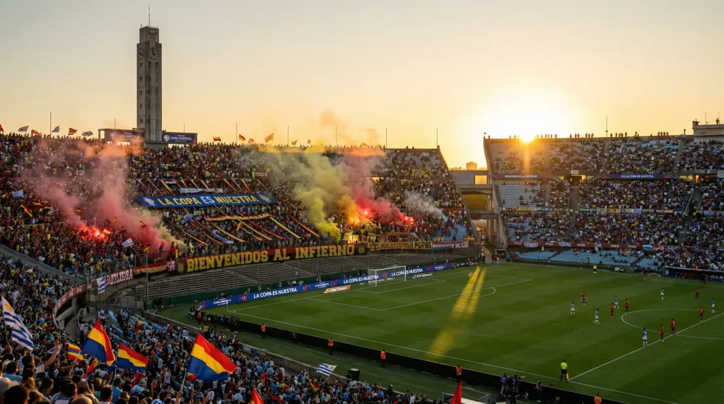 Estadio sudamericano historico durante la Copa America con aficionados creando ambiente intenso con banderas y canticos al atardecer