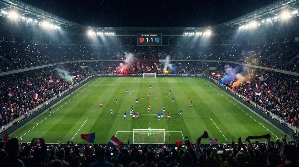 Momento estrategico de partido de copa mostrando la naturaleza tactica del futbol de eliminacion en un estadio lleno de aficionados