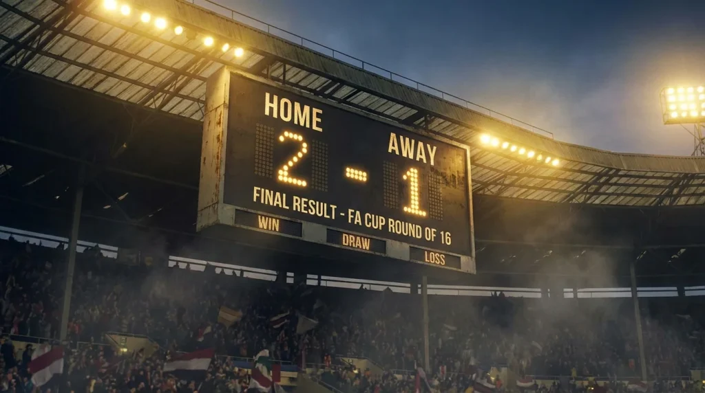 Marcador de estadio mostrando resultado de un partido de copa representando los posibles desenlaces de victoria local, empate o victoria visitante