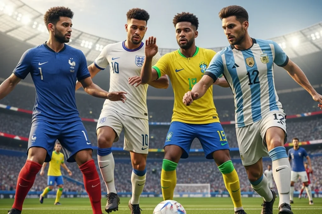 Jugadores de elite de selecciones favoritas como Francia, Inglaterra, Brasil y Argentina compitiendo intensamente en un partido del Mundial