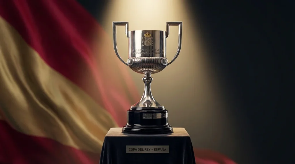 Trofeo de la Copa del Rey iluminado dramaticamente representando el prestigio del torneo copero mas antiguo de España
